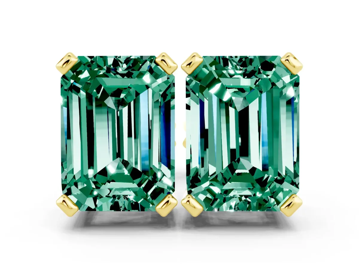 Emerald Cut Green Sapphire Stud Earrings Yellow gold