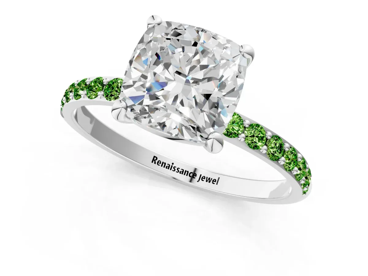 Cushion Cut Diamond Solitaire Ring with Round Peridot Pavé Band and Prong Setting Silver