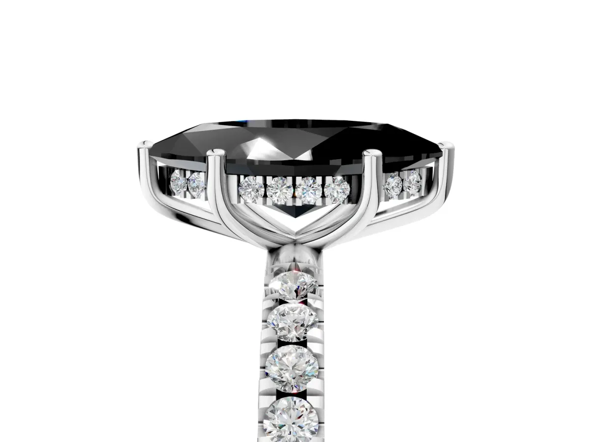 Fancy Black Marquise Cut Diamond Pave Band Solitaire Ring with Round and Prong Setting Silver