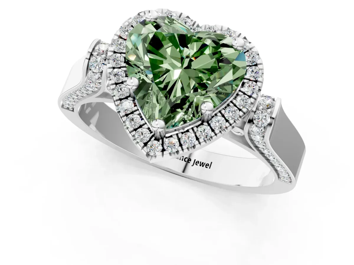 Fancy Green Heart Cut Halo Pave Split Shank Prong Setting Ring Platinum