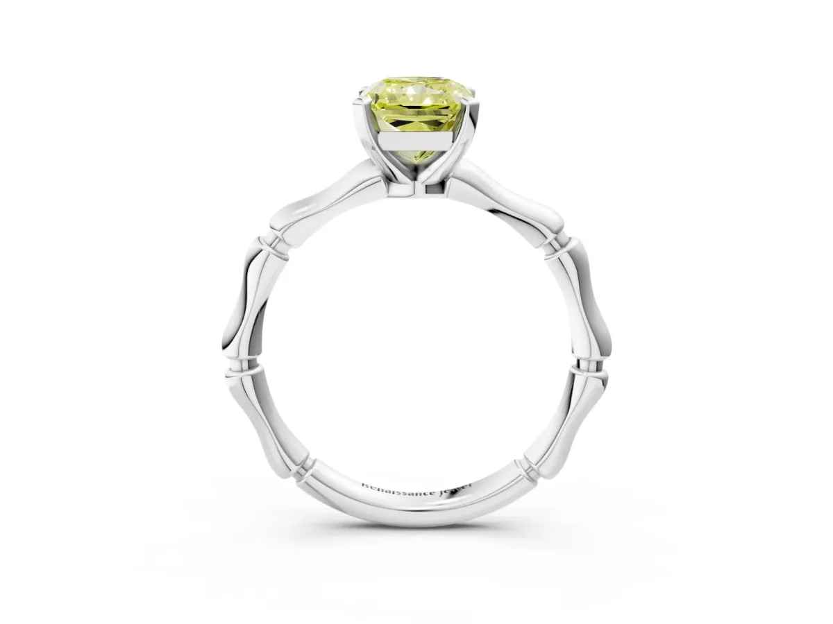 Fancy Yellow Radiant Cut Solitaire Diamond Ring with Bamboo Band and Four-Prong Setting Platinum