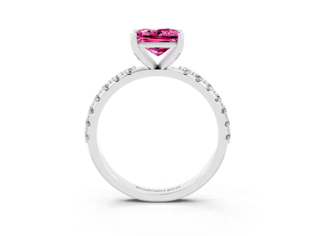 Princess Cut Pink Sapphire Solitaire Pavé Band with Four-Prong Setting Silver
