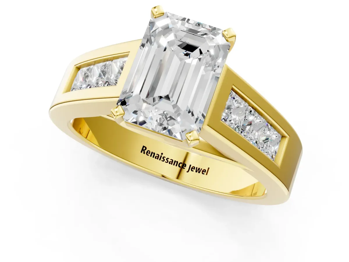 Emerald Cut Cut Channel Set Solitaire Ring with Four-Prong Setting Yellow gold