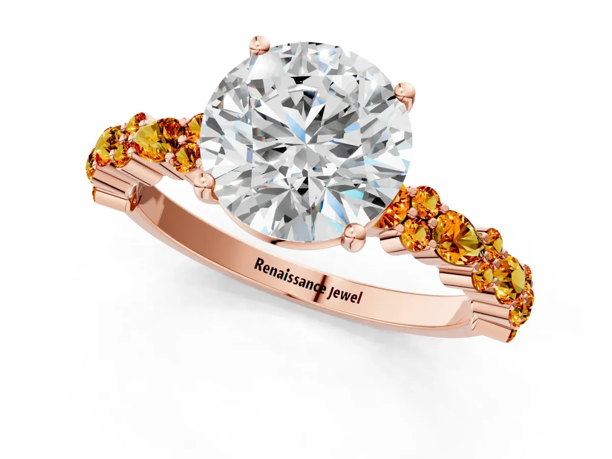 Round Cut Diamond Side Stone Solitaire Ring with Round Citrine and Four-Prong Setting Rose gold