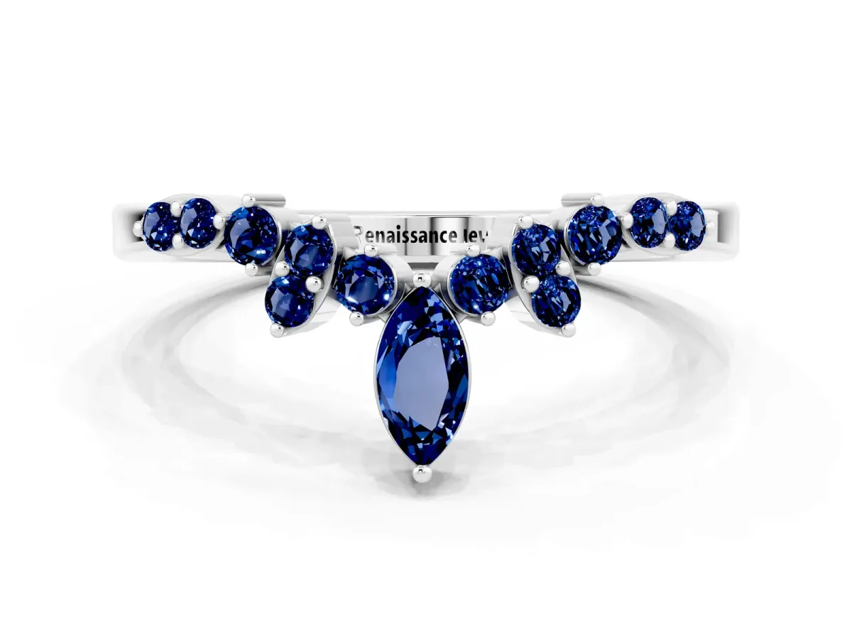Marquise and Round Blue Sapphire Chevron Band with Prong Setting Silver