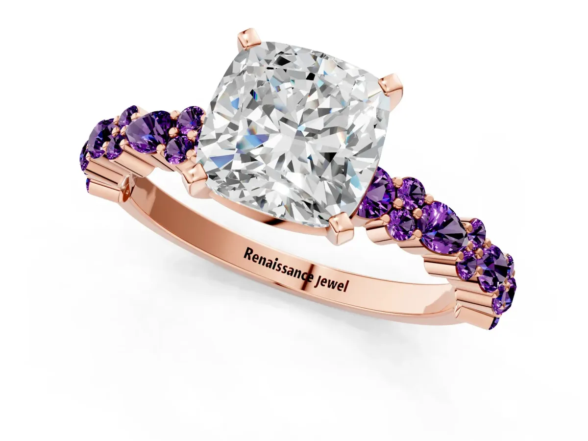 Cushion Cut Diamond Side Stone Solitaire Ring with Round Amethyst and Four-Prong Setting Rose gold