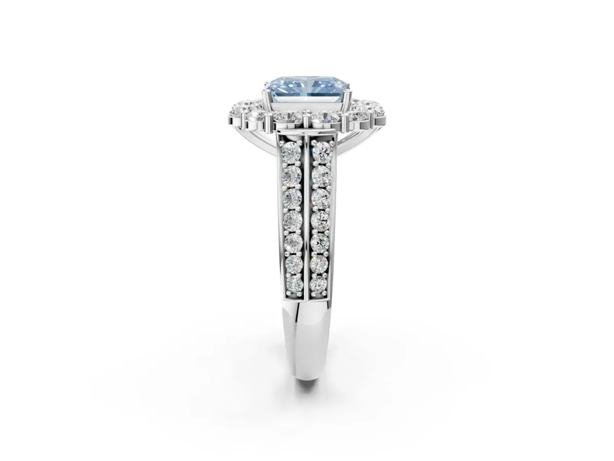 Fancy Blue Radiant Cut Halo Diamond Engagement Ring with Split Shank and Prong Setting Platinum