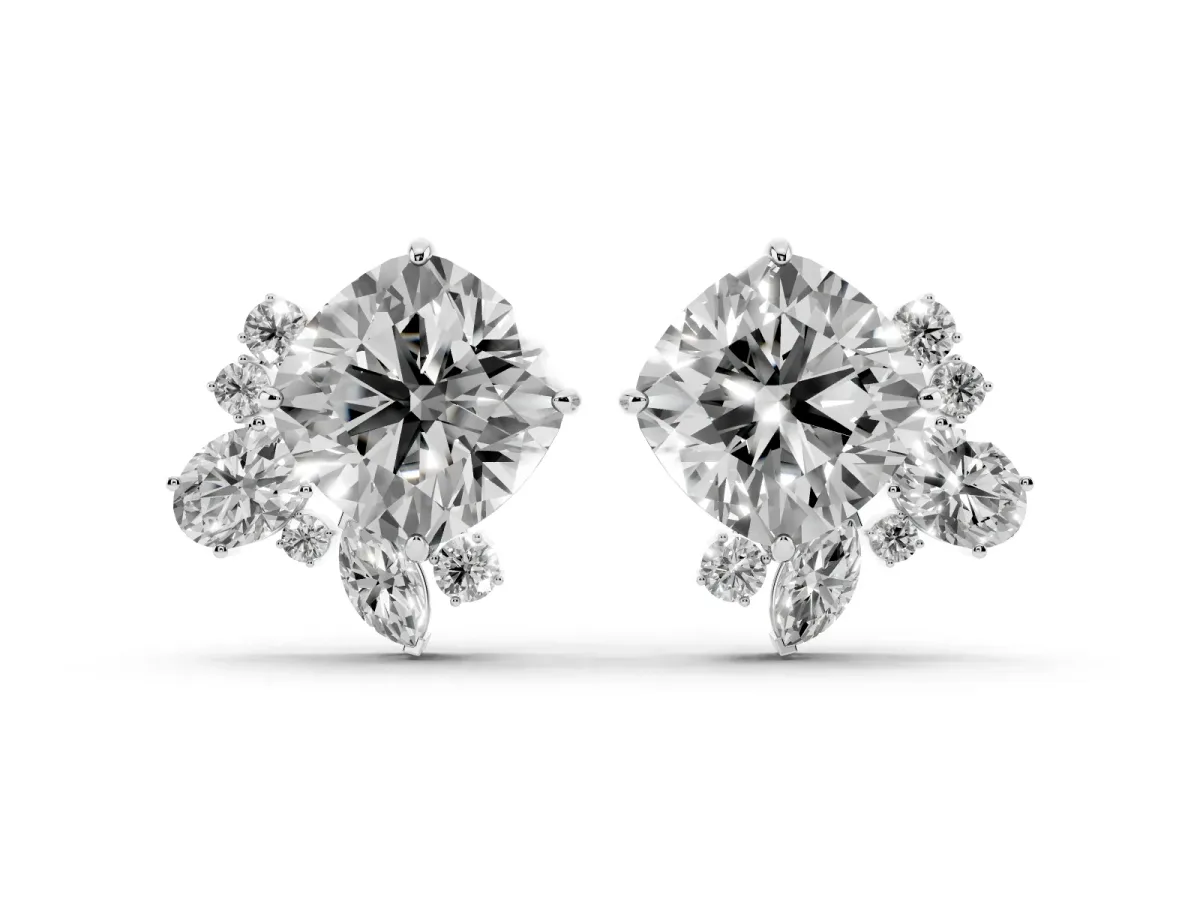 Cushion Cut Diamond Floral Stud Earrings with Multi-Shape Accents White gold
