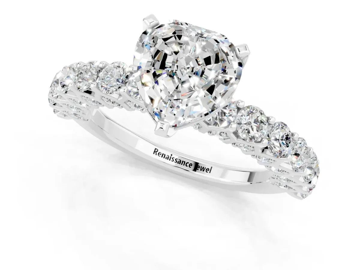 Heart Cut Moissanite Solitaire Ring with Shared Prong Pavé Band and Four-Prong Setting Silver