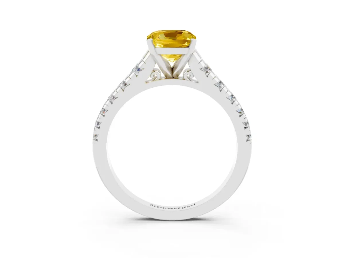 Cushion Cut Yellow Sapphire Cathedral Solitaire Ring with Round Pavé Band Silver
