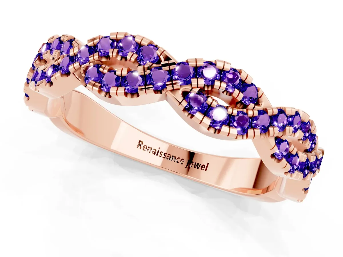 Round Tanzanite Twisted Eternity Band with Pavé and Shared Prong Setting Rose gold