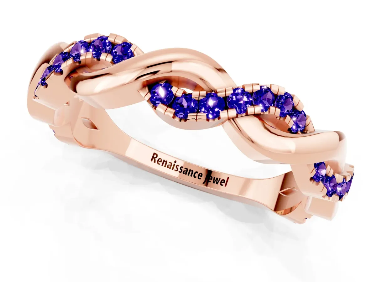 Pavé Round Tanzanite Twist Eternity Band with Shared Prong Setting Rose gold