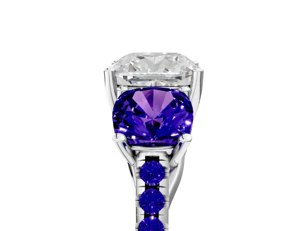 Three-Stone Cushion Cut Diamond Ring with Round Tanzanite Pavé Band and Prong Setting Silver