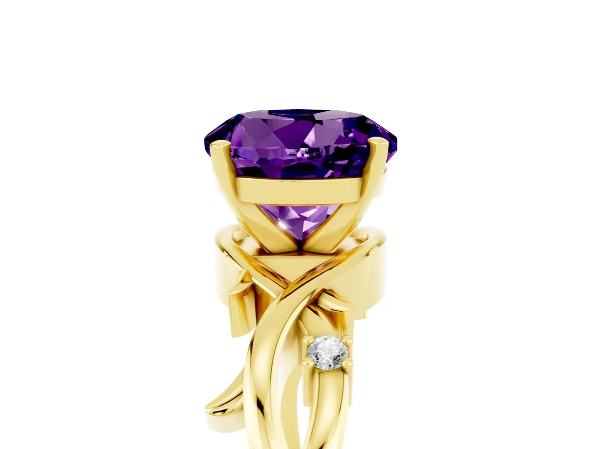 Round Cut Amethyst Solitaire Ring with Twisted Band and Prong Setting Yellow gold