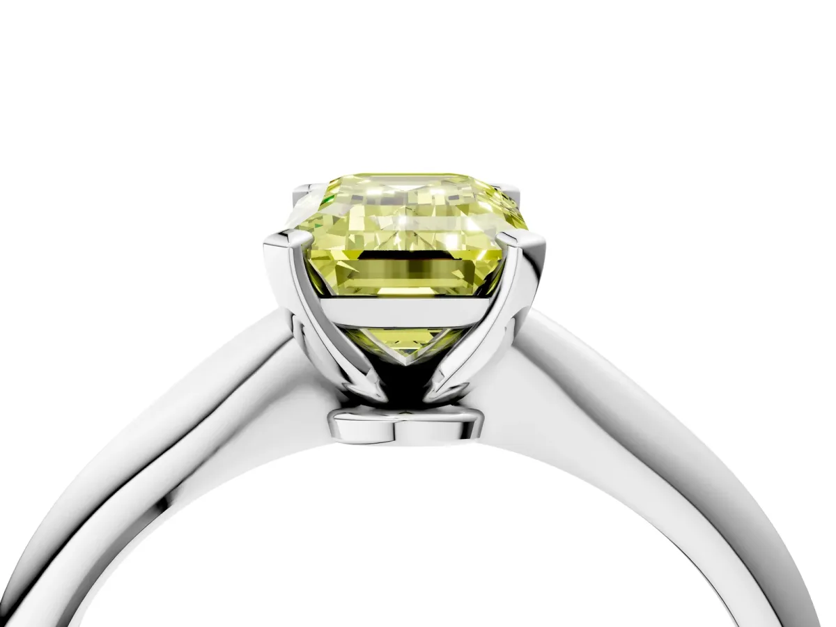 Fancy Yellow Emerald Cut Diamond Solitaire Engagement Ring with Classic Band and Four-Prong Setting Silver