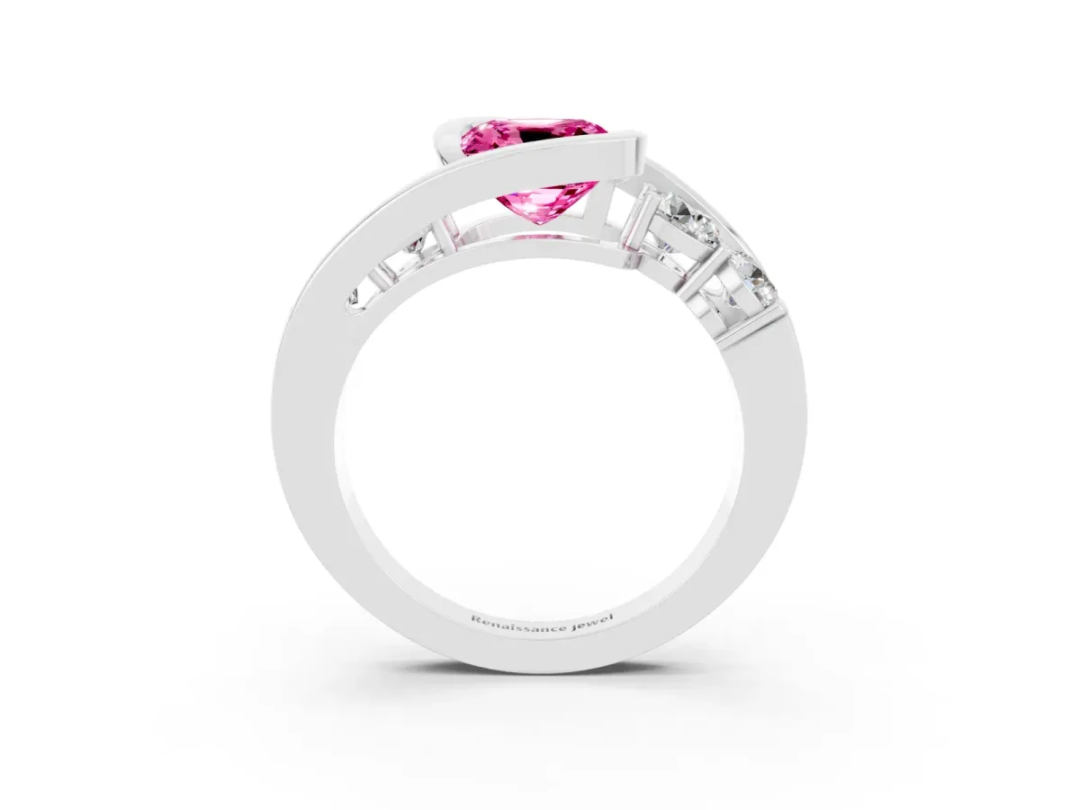 Bezel Set Cushion Cut Pink Sapphire Bypass Ring with Round Accents Silver