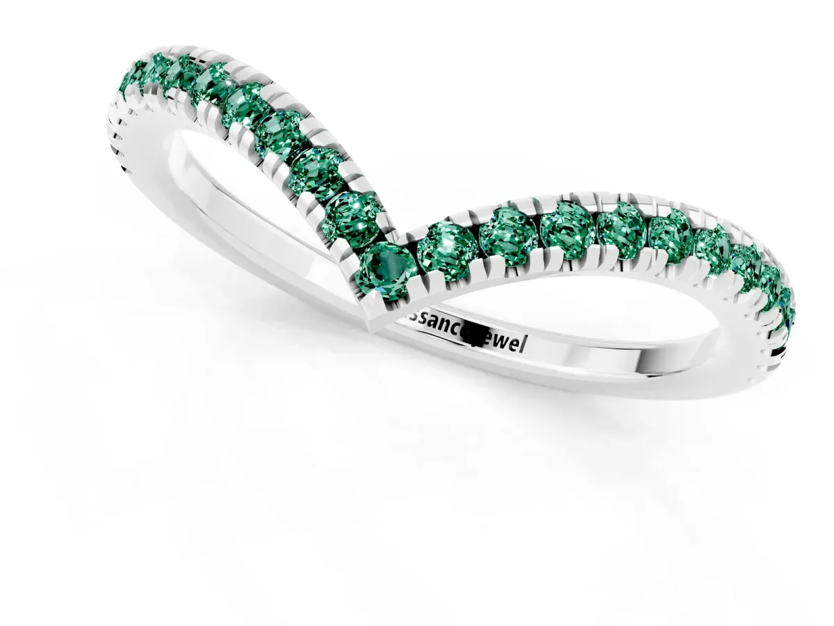 Pavé Round Green Sapphire V-Shaped Chevron Band with Shared Prong Setting Silver