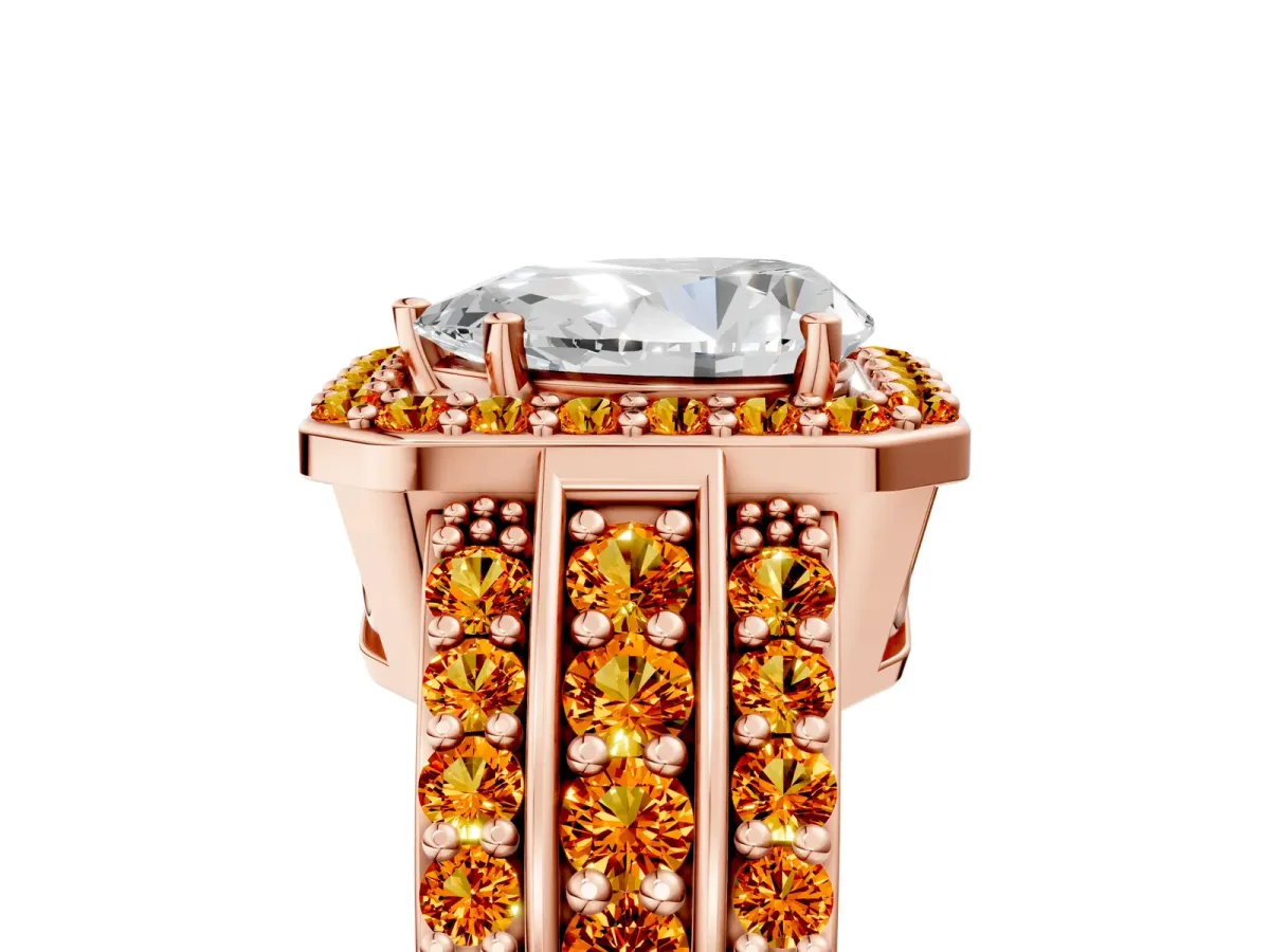 Pear Cut Halo Diamond Ring with Round Citrine Split Shank and Prong Setting Rose gold