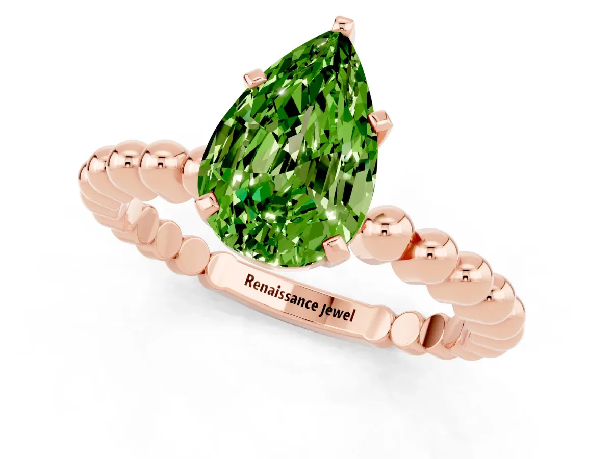 Pear Cut Peridot Solitaire Ring with Beaded Band and Prong Setting Rose gold