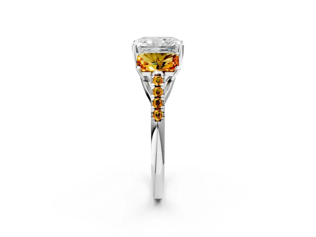 Three-Stone Radiant Cut Diamond Ring with Round Citrine Pavé Band and Prong Setting Silver