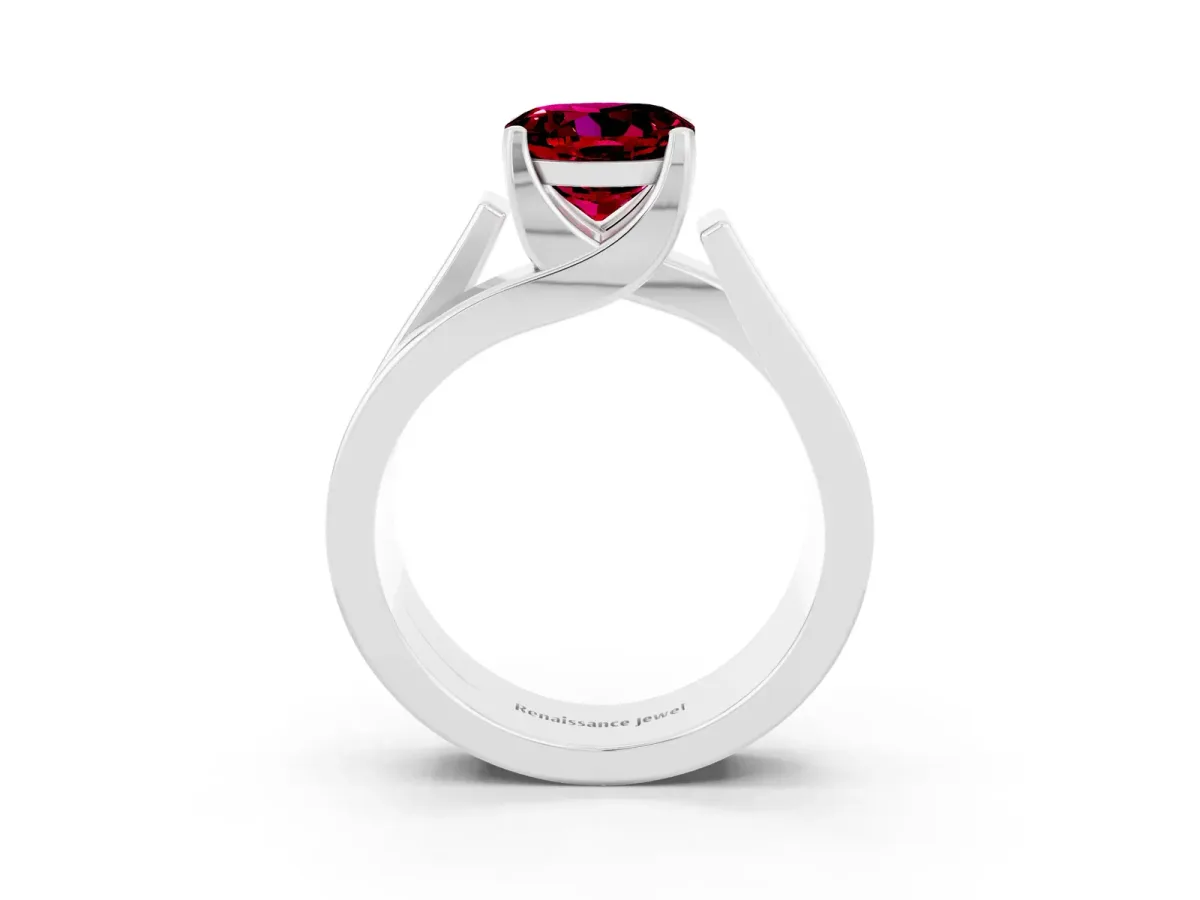 Modern Tension Set Round Cut Garnet Solitaire Wide Band Ring Platinum
