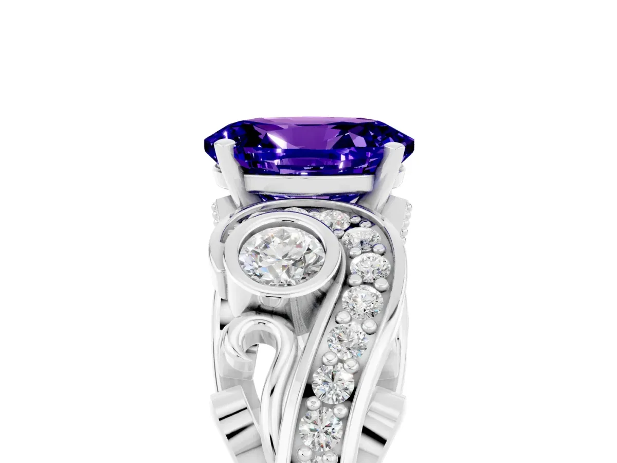 Oval Cut Tanzanite Solitaire Ring with Milgrain Pavé Band and Four-Prong Setting Silver