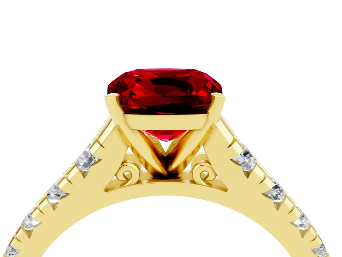 Cushion Cut Ruby Cathedral Solitaire Ring with Round Pavé Band Yellow gold