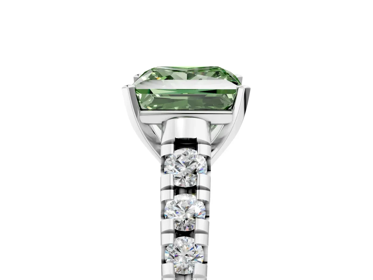 Fancy Green Princess Cut Diamond Cathedral Solitaire Ring with Round Pavé Band Silver