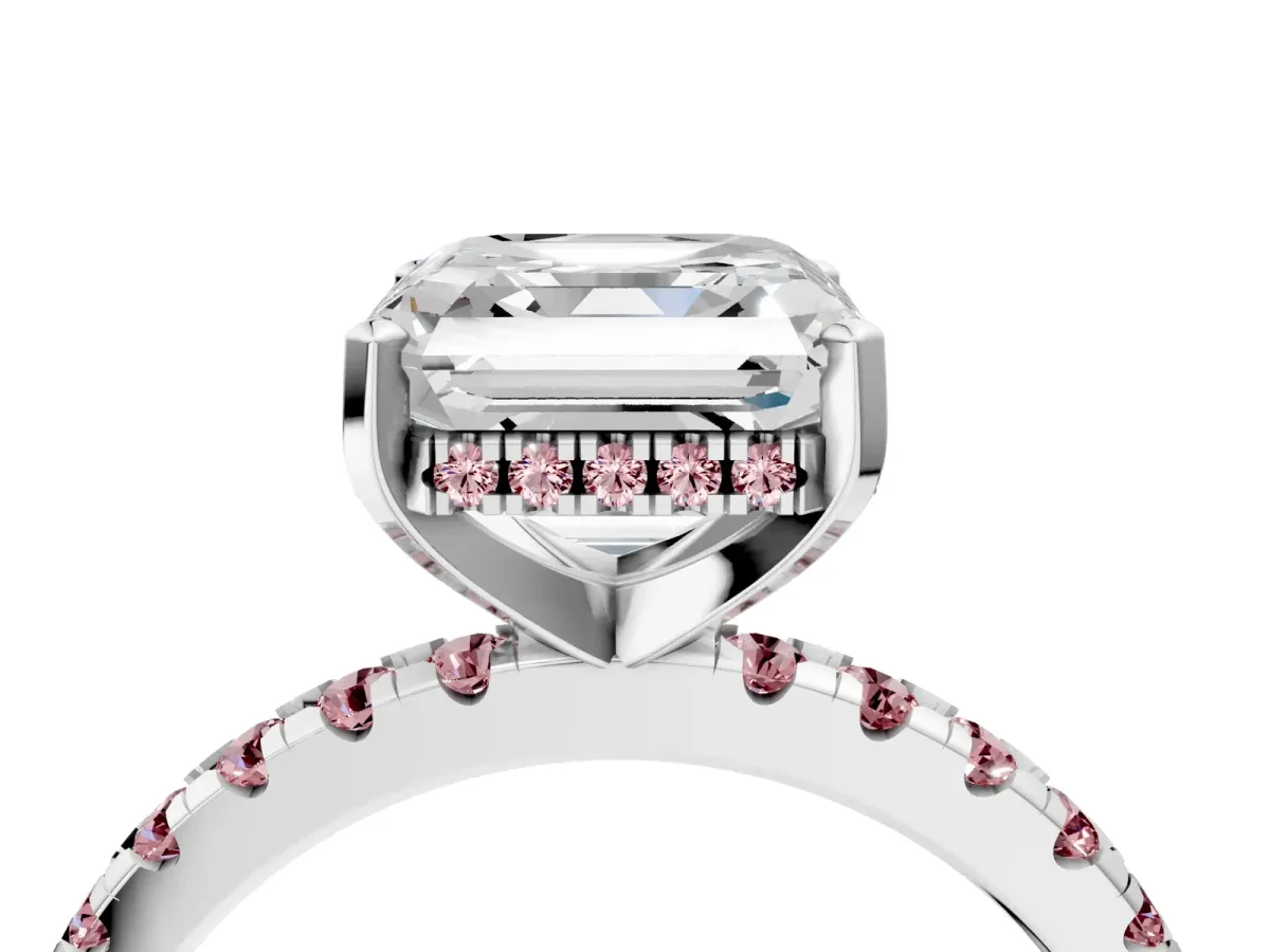 Asscher Cut Diamond Solitaire Ring with Round Morganite Pavé Band and Four-Prong Setting Silver