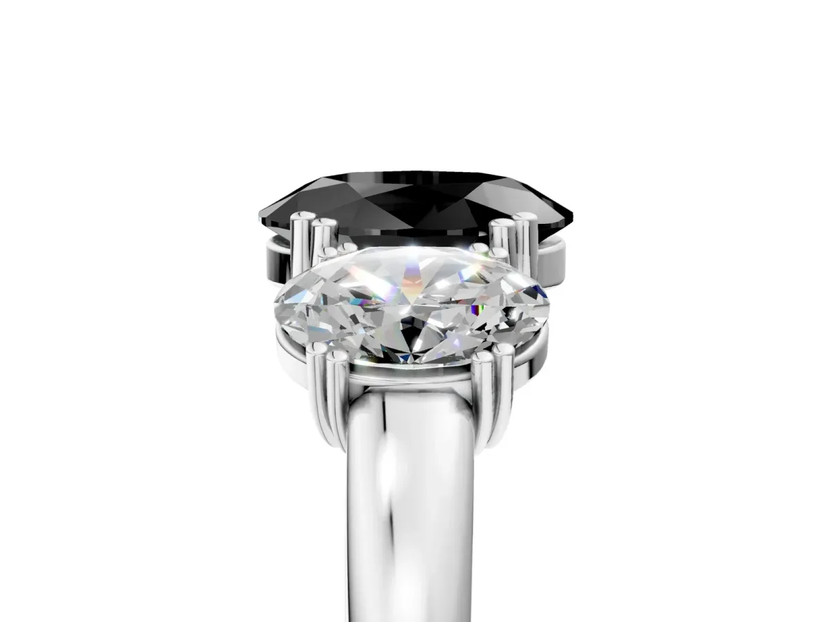 Fancy Black Three-Stone Oval Cut Cut Diamond Ring with Channel Set Band and Four-Prong Setting Silver