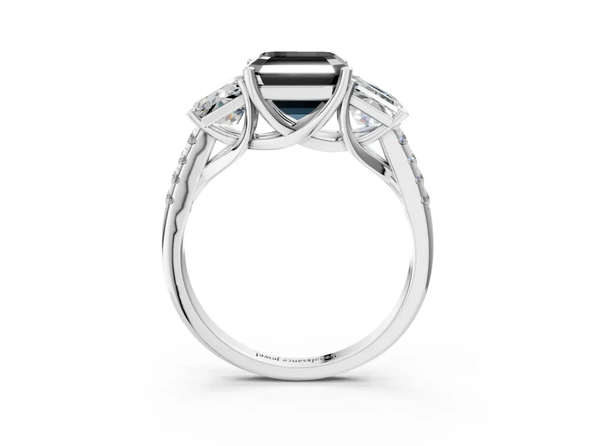 Fancy Black Three-Stone Asscher Cut Diamond Ring with Round Pavé Band and Prong Setting Silver