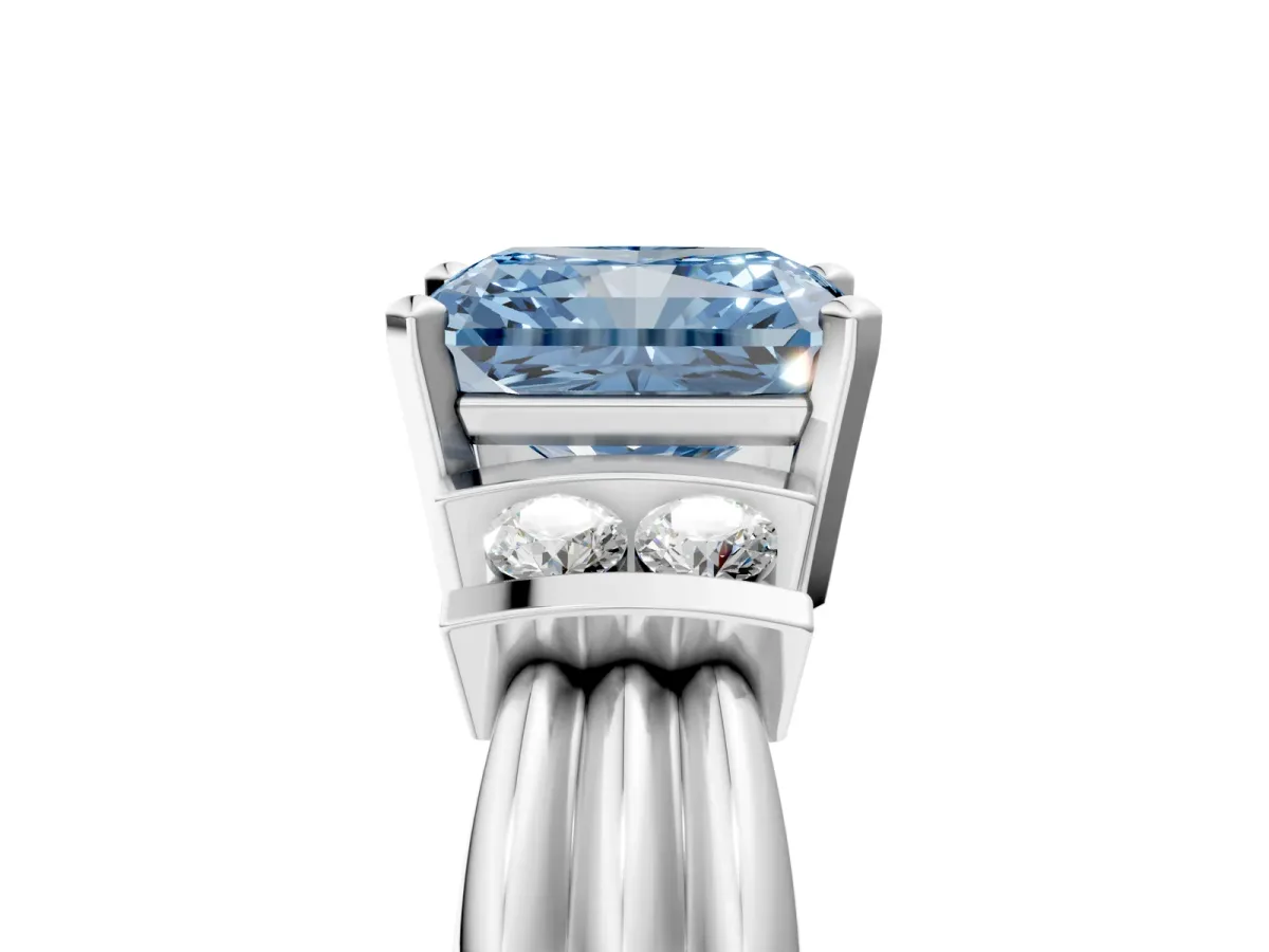 Fancy Blue Radiant Cut Cut Three-Stone Channel Set Ring with Bar Prongs Platinum