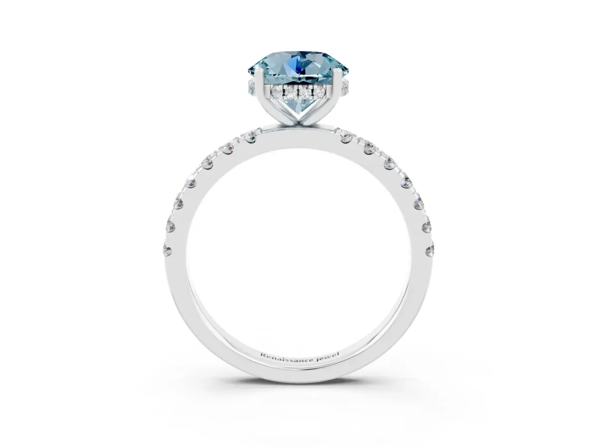 Round Cut Aquamarine Pave Band Solitaire Ring with Round and Prong Setting Silver