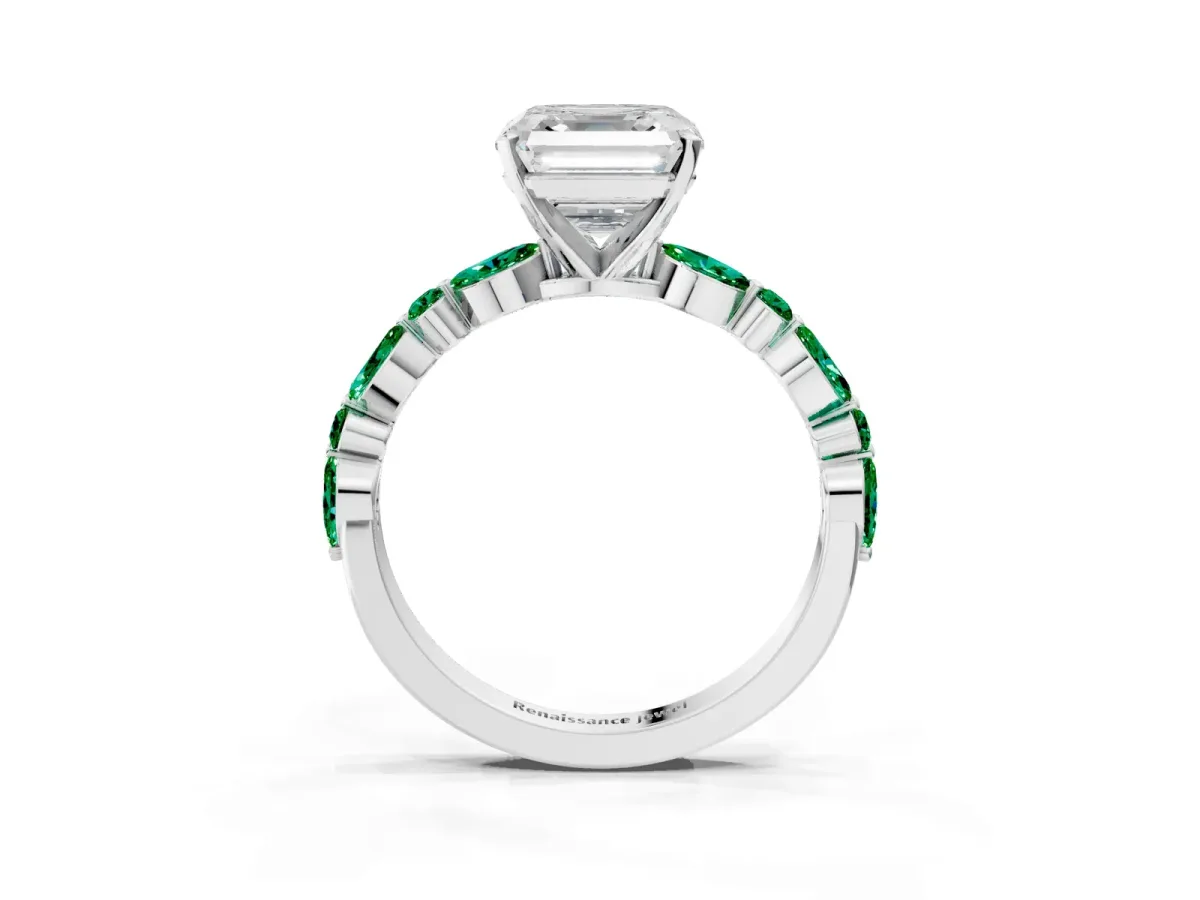 Asscher Cut Diamond Ring with Marquise and Round Emerald Side Stones and Four-Prong Setting Silver
