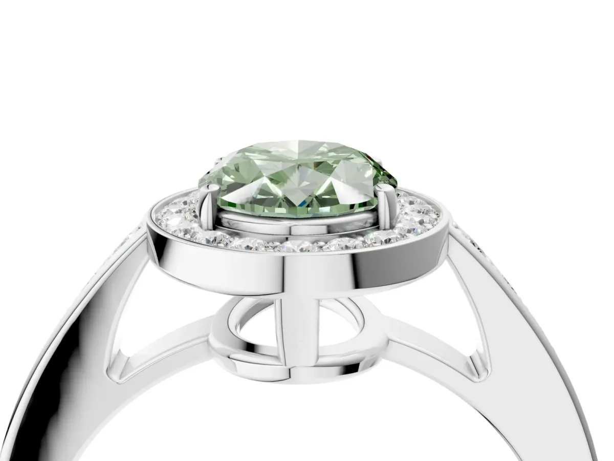 Fancy Green Oval Cut Halo Pavé Diamond Engagement Ring with Bezel Setting Silver