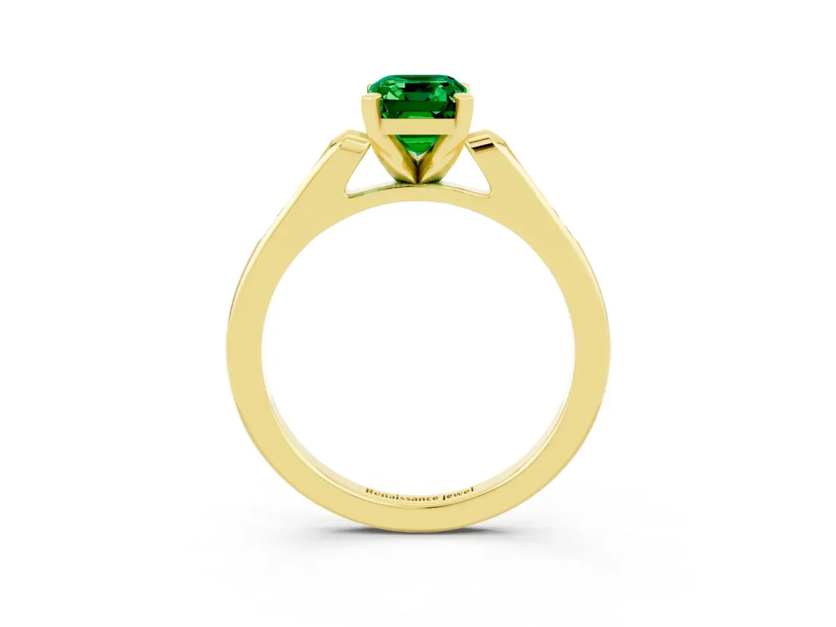 Emerald Cut Emerald Solitaire Ring with Channel Set Round Band and Prong Setting Yellow gold