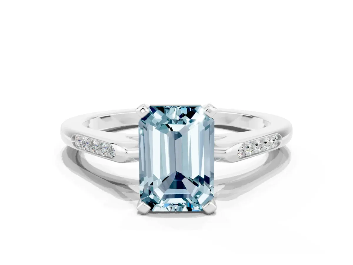 Emerald Cut Aquamarine Solitaire Ring with Channel Set Round Band and Prong Setting Silver