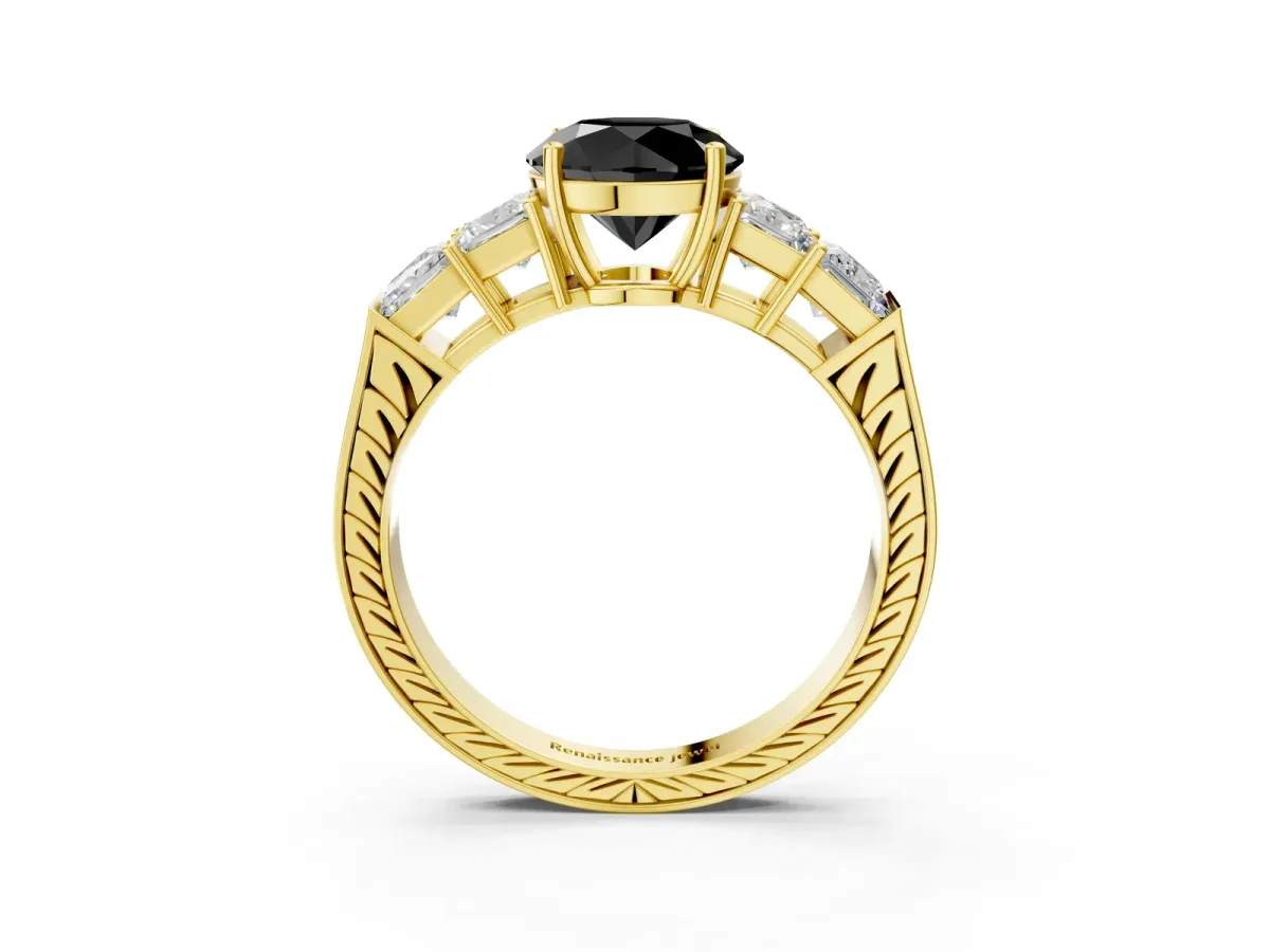Fancy Black Round Cut Solitaire Princess Side Stone Engraved Band Prong Setting Ring Yellow gold