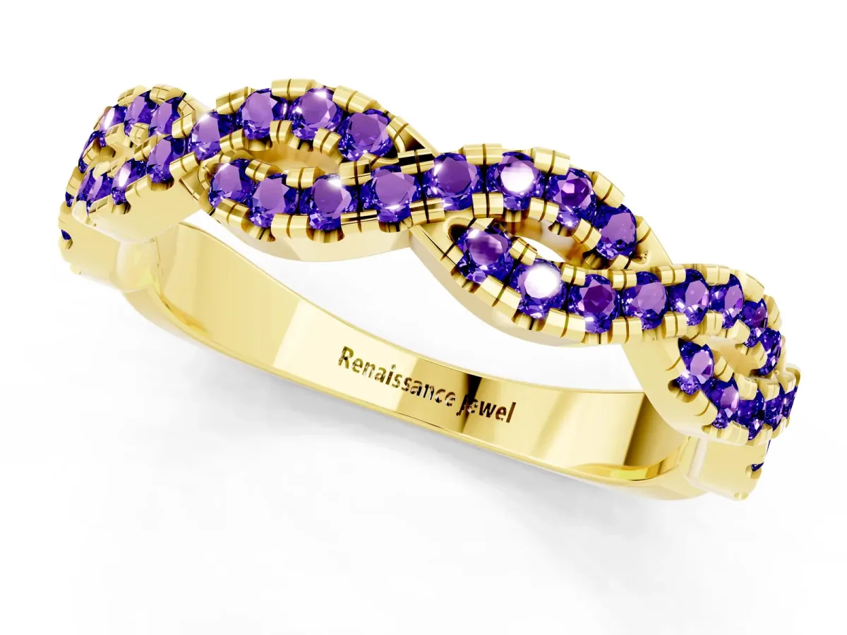 Round Tanzanite Twisted Eternity Band with Pavé and Shared Prong Setting Yellow gold