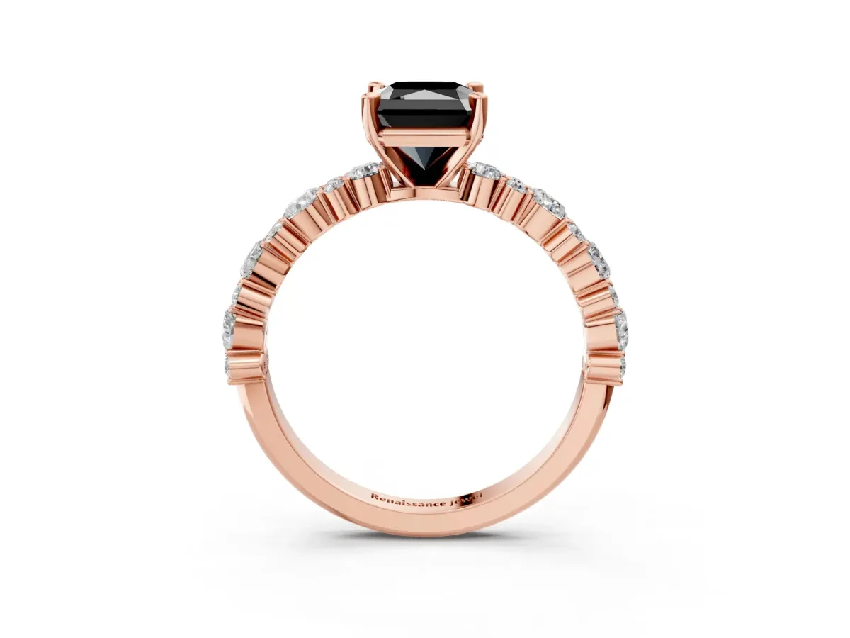 Fancy Black Radiant Cut Diamond Side Stone Solitaire Ring with Round and Four-Prong Setting Rose gold