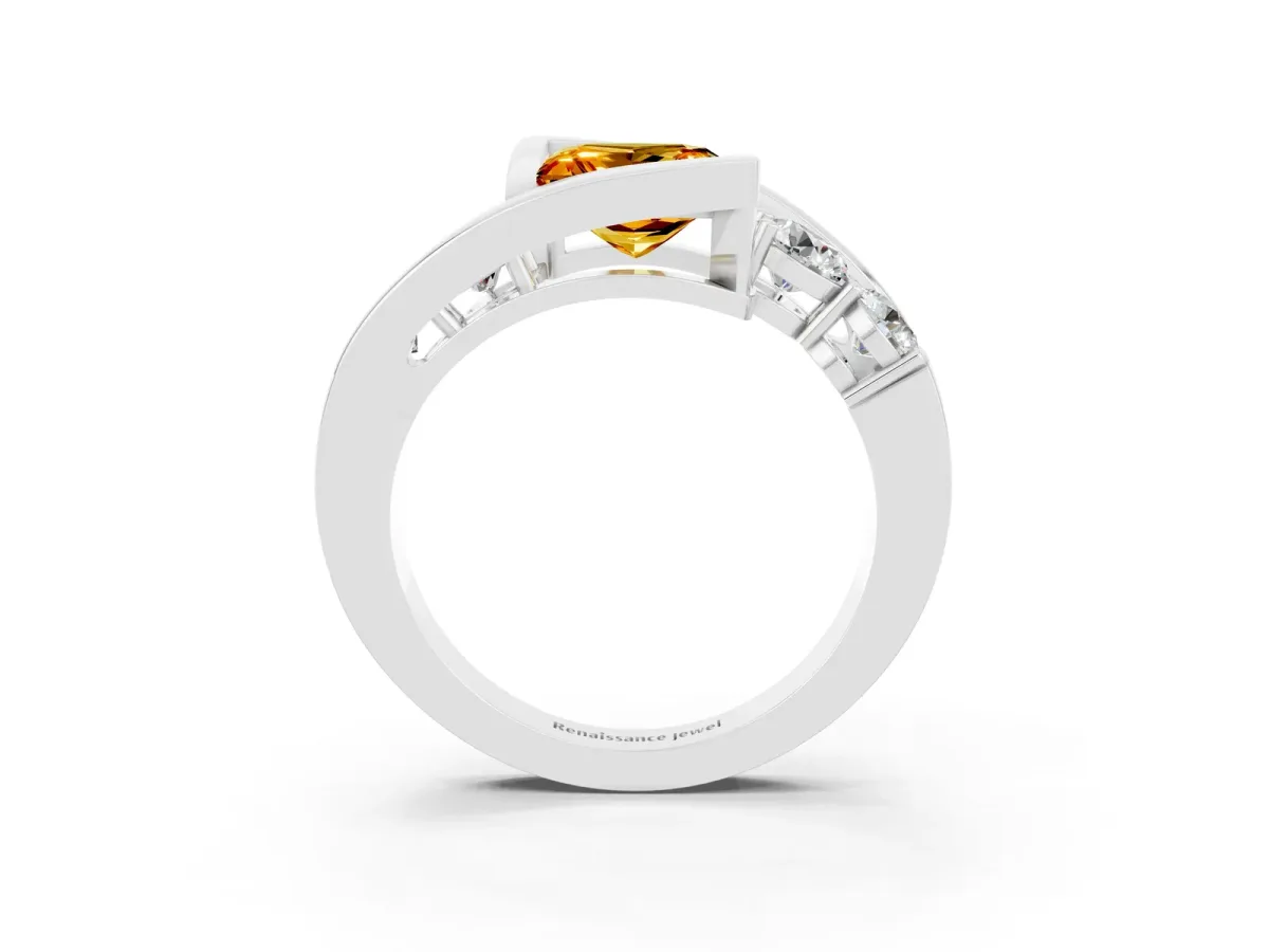 Bezel Set Princess Cut Citrine Bypass Ring with Round Accents Silver