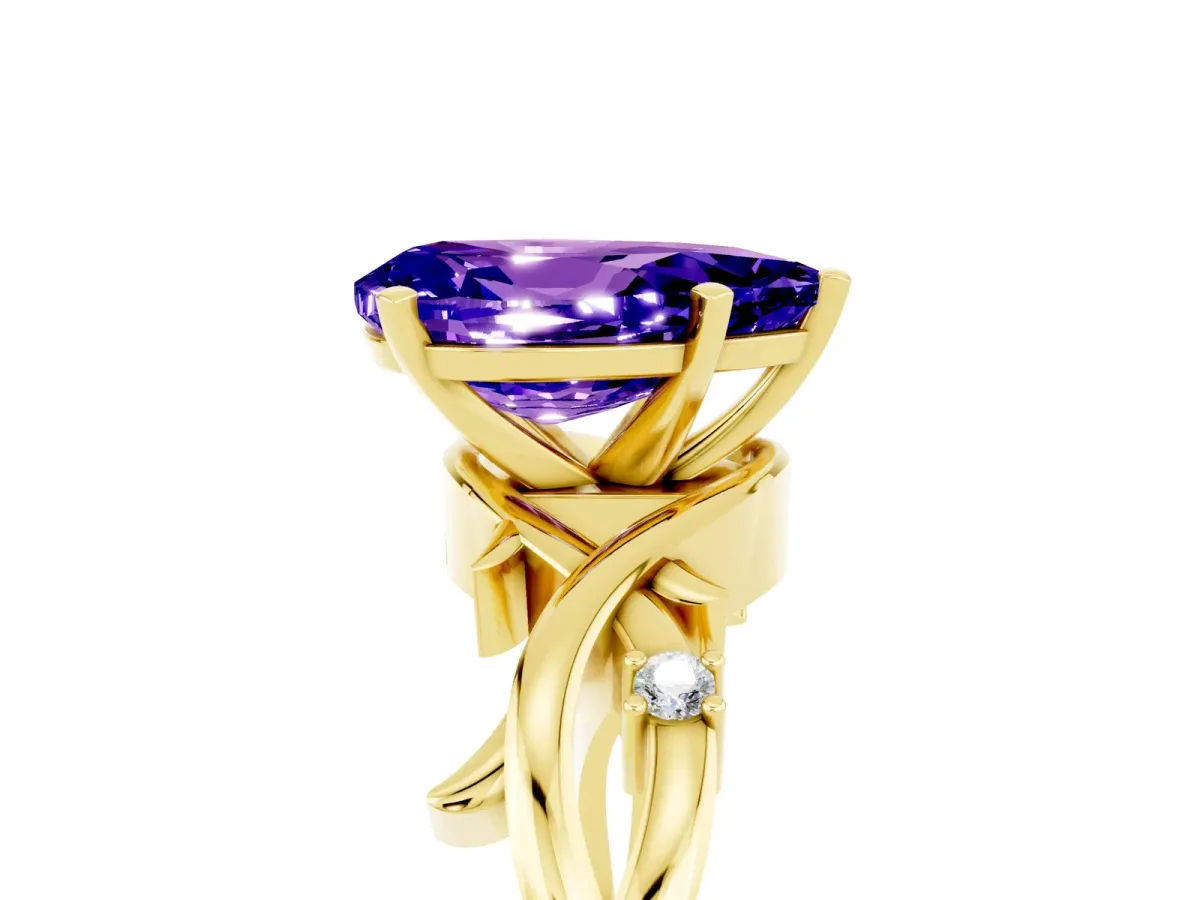 Pear Cut Tanzanite Solitaire Ring with Twisted Band and Prong Setting Yellow gold