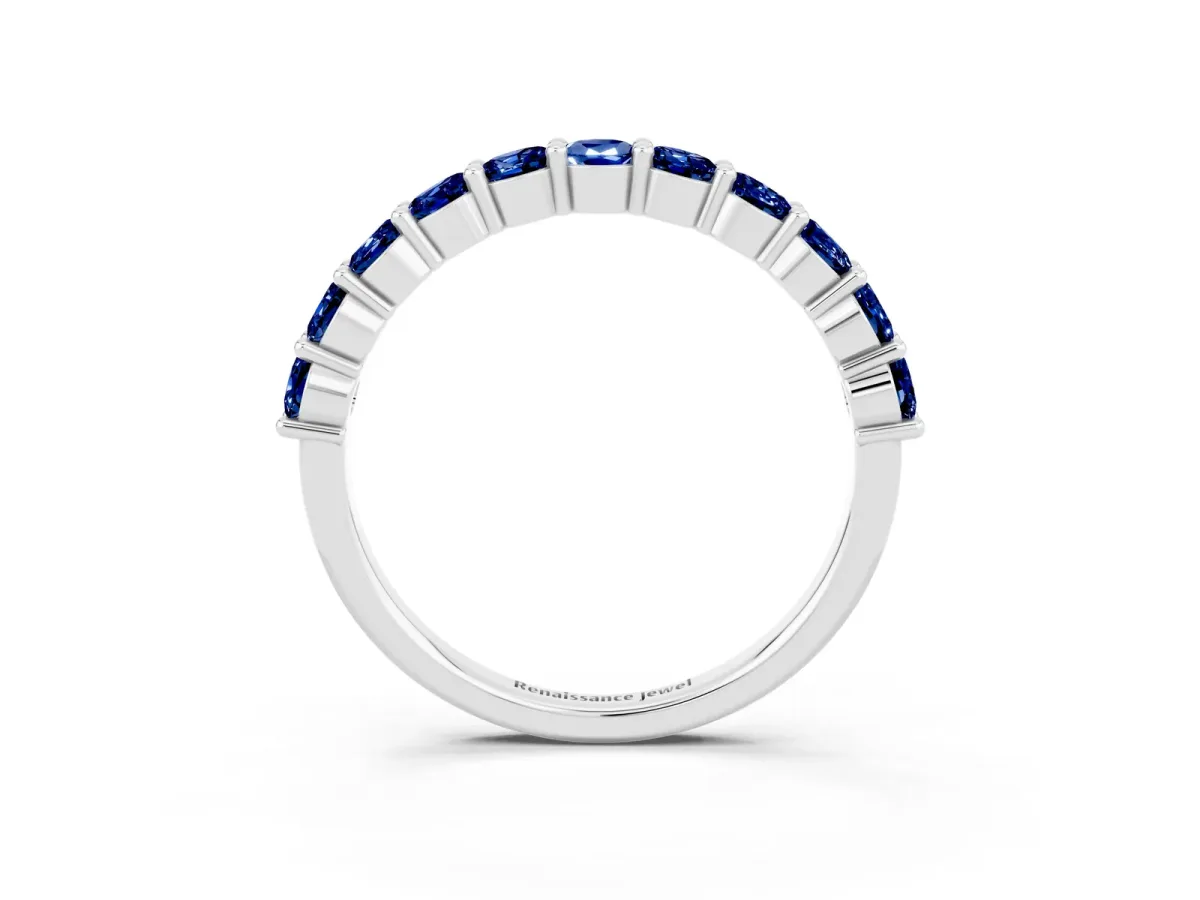 Round Blue Sapphire Half Eternity Band with Prong Setting Silver