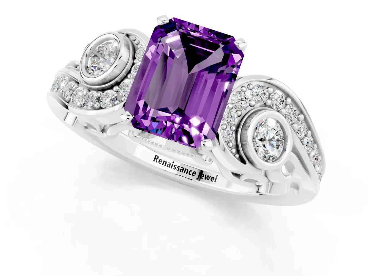 Emerald Cut Amethyst Solitaire Ring with Milgrain Pavé Band and Four-Prong Setting Silver