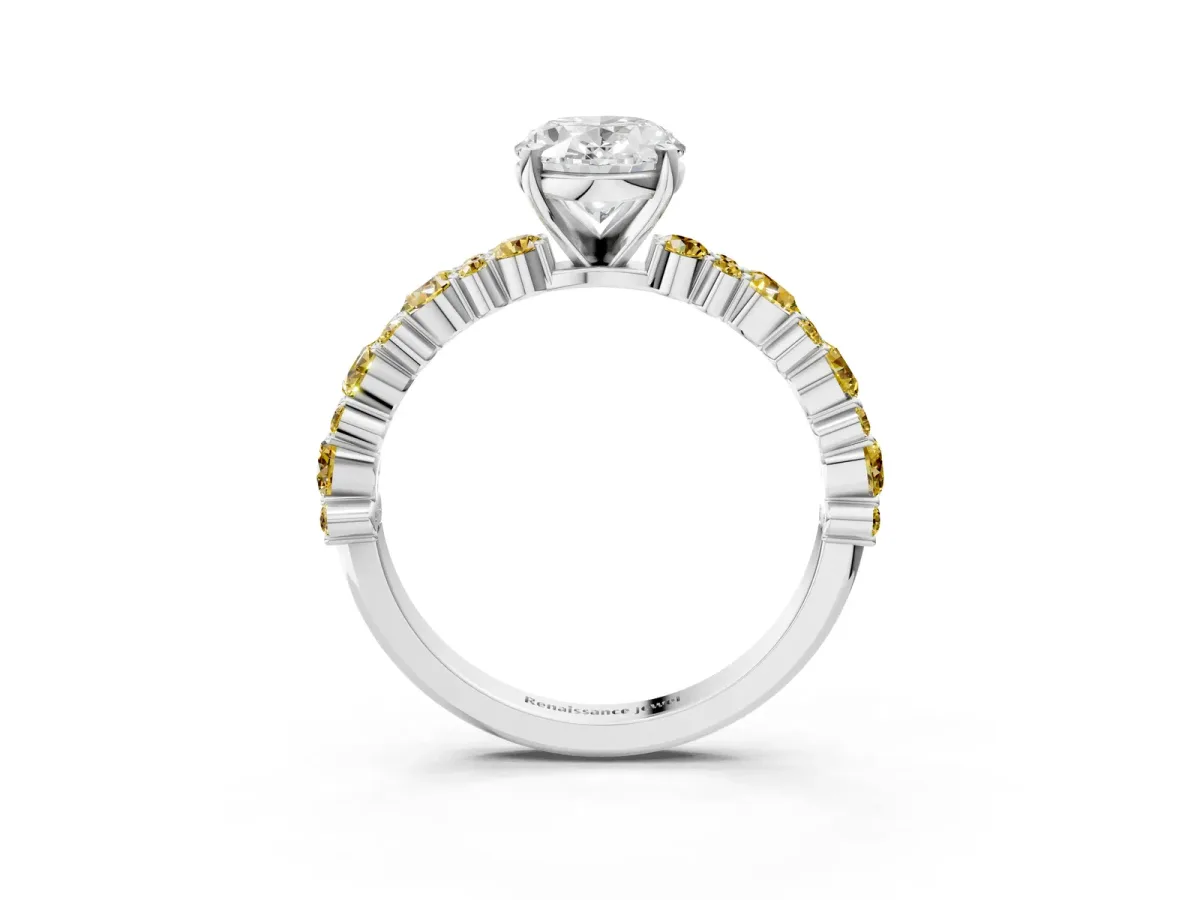 Oval Cut Diamond Side Stone Solitaire Ring with Round Yellow Sapphire and Four-Prong Setting Silver