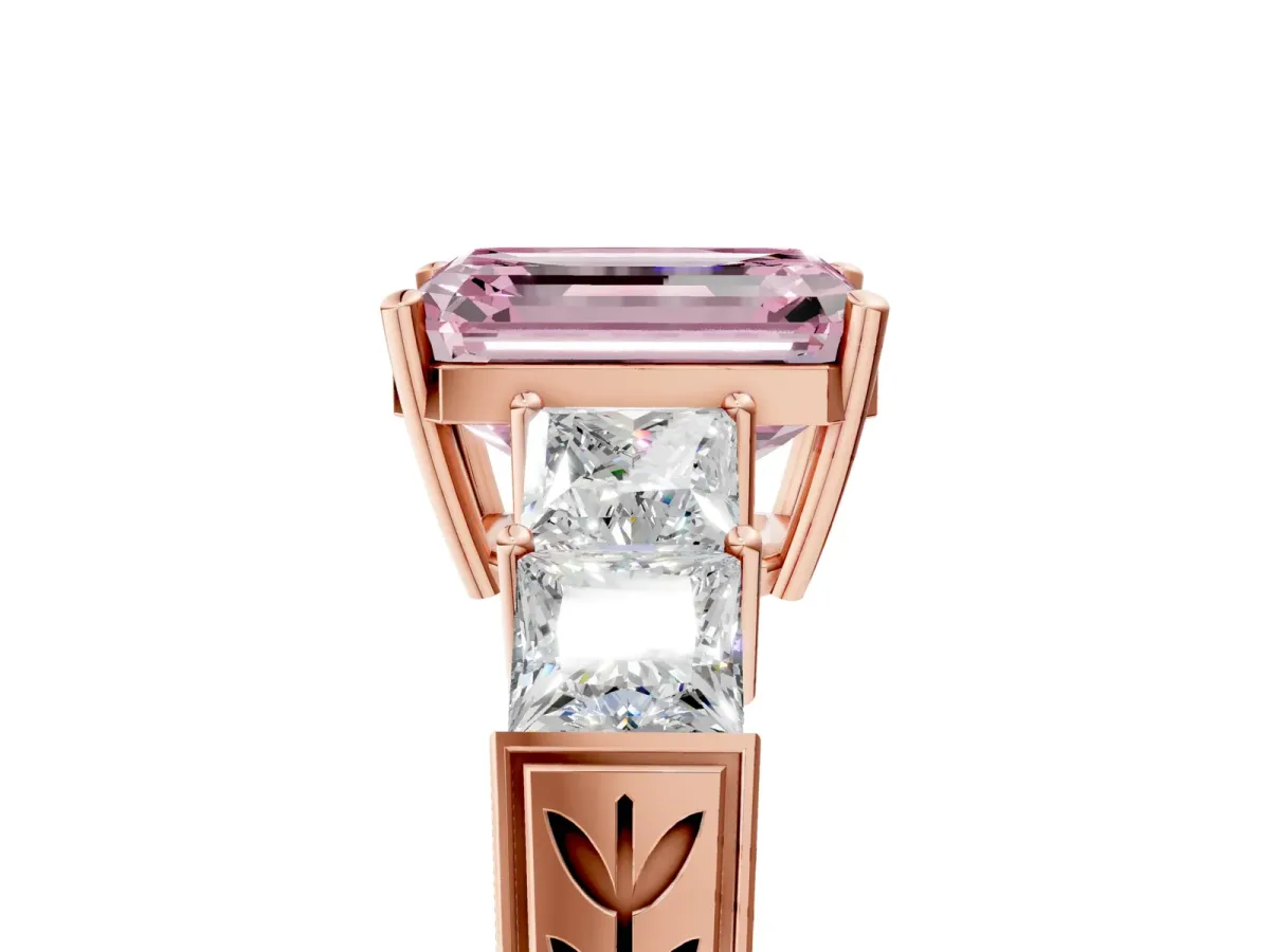 Fancy Pink Emerald Cut Solitaire Princess Side Stone Engraved Band Prong Setting Ring Rose gold