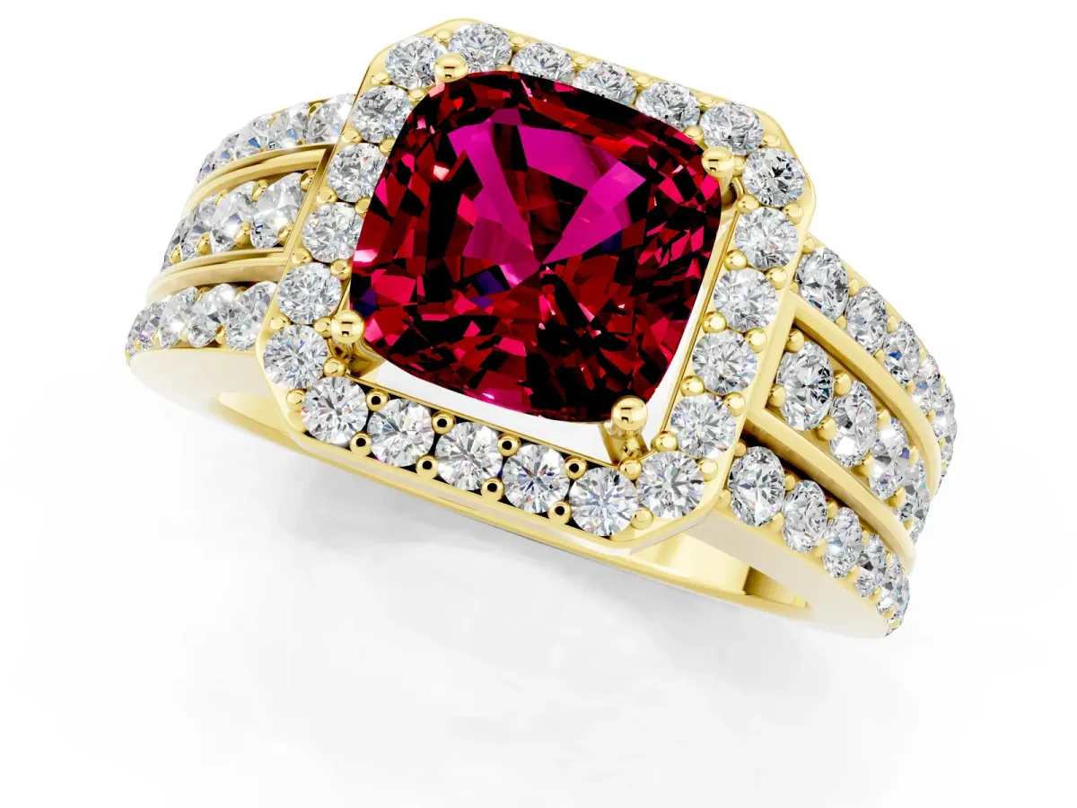 Cushion Cut Halo Garnet Ring with Round Split Shank and Prong Setting Yellow gold