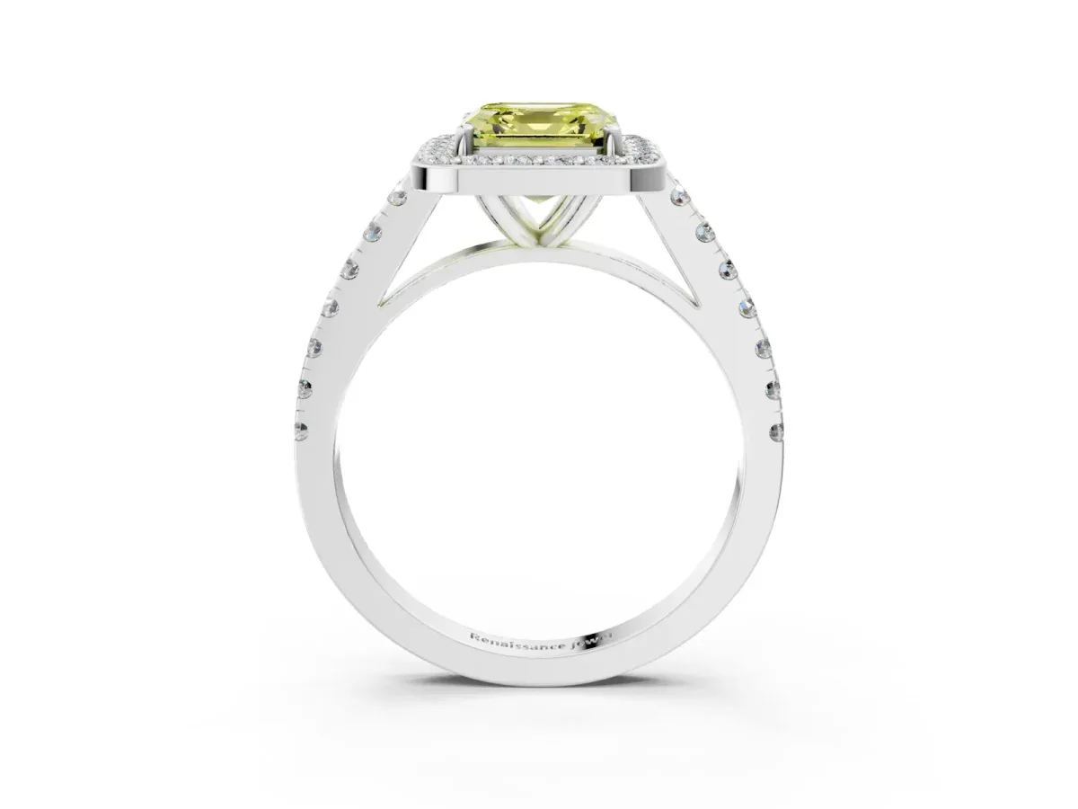 Fancy Yellow Asscher Cut Diamond Halo Ring with Round Pavé Split Shank and Prong Setting Platinum