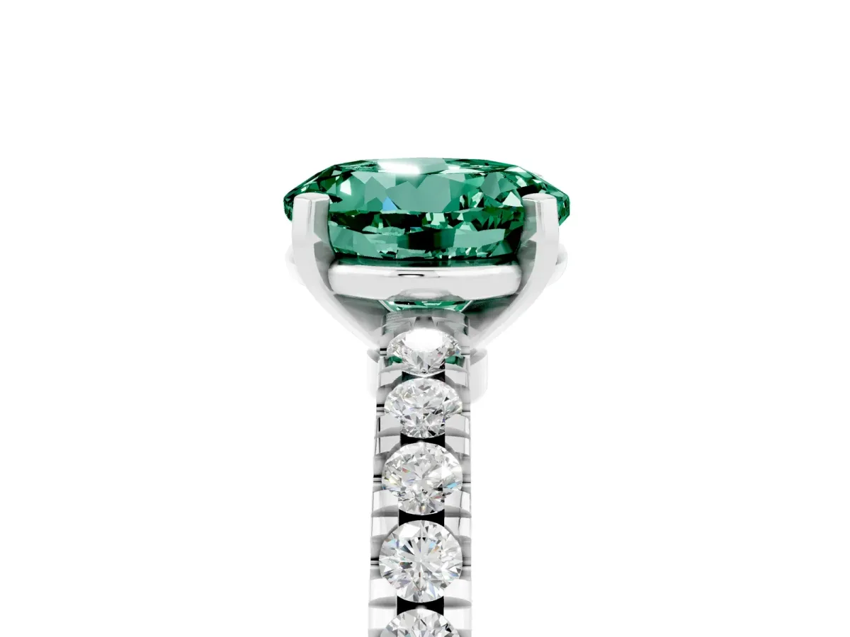 Round Cut Solitaire Green Sapphire with Pavé Band and Four-Prong Setting Silver