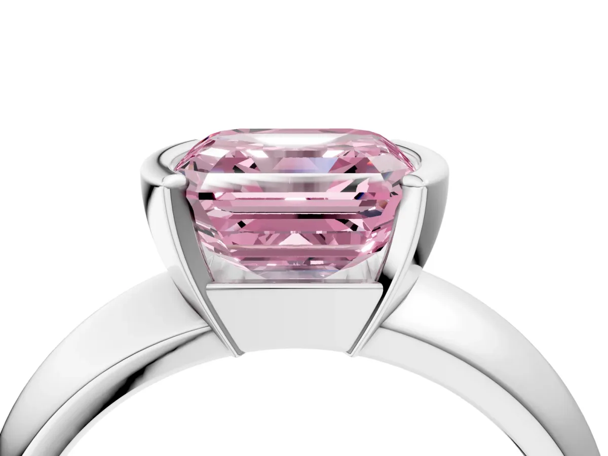 Fancy Pink Asscher Cut Solitaire Tension Set Diamond Ring with Wide Band Platinum